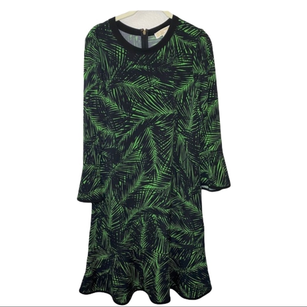 MICHAEL Michael Kors Black and Green Palm-Print Long-Sleeve Dress